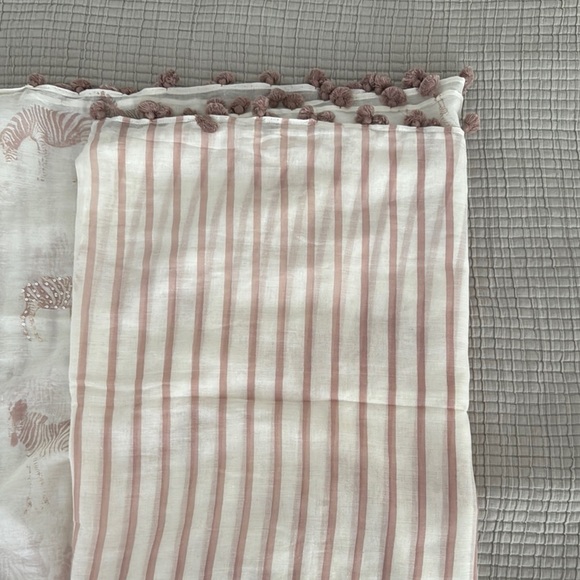 Chic Cream and Pink Zebra Oversized Scarf with Pom Poms and Bling - Picture 5 of 9